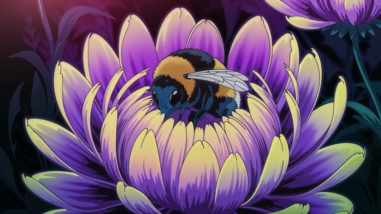 Sleepy Bumblebee in Vibrant Flower, Alcohol Ink Illustration