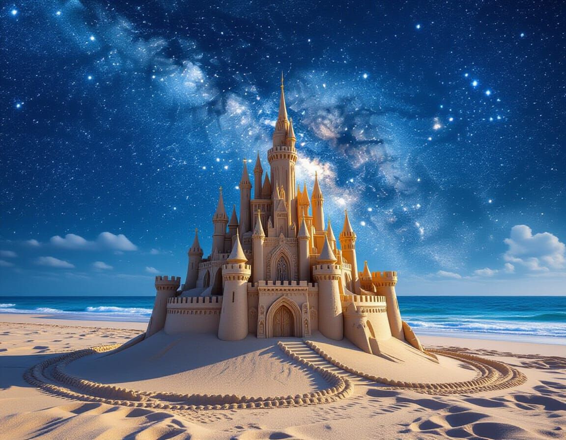 Majestic Sandcastle Under Nebula Sky