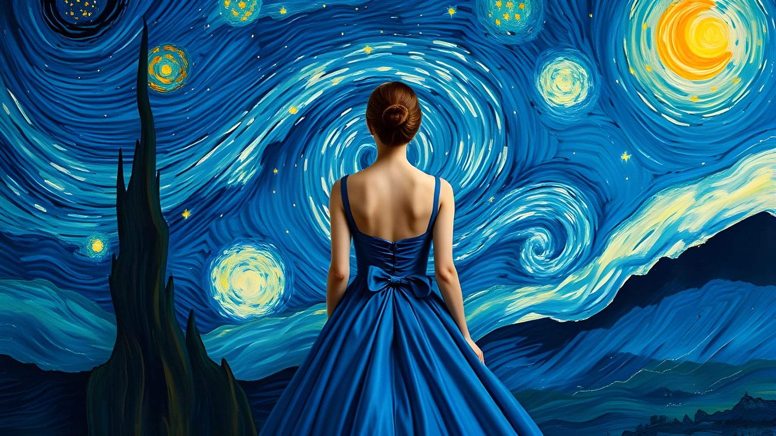 Woman Gazing at Starry Night Sky in Impressionist Style