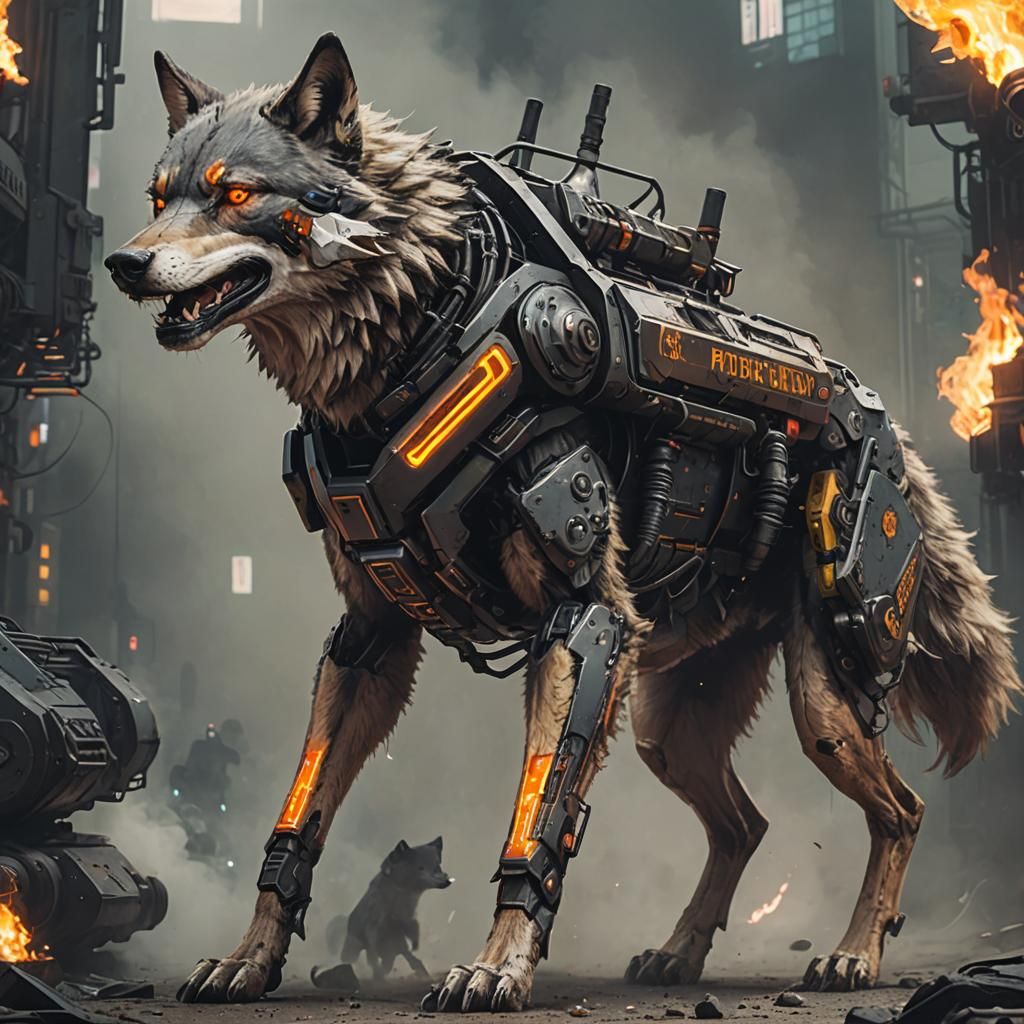 Cyberpunk Pyromancer Wolf in Flames