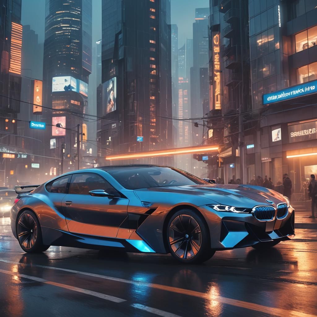 Futuristic BMW Concept Car in Neon Cityscape