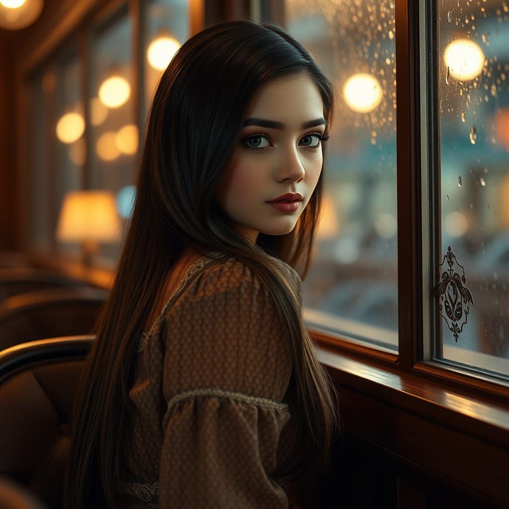 Charming Woman with Green Eyes in Restaurant, Glamour Photog...