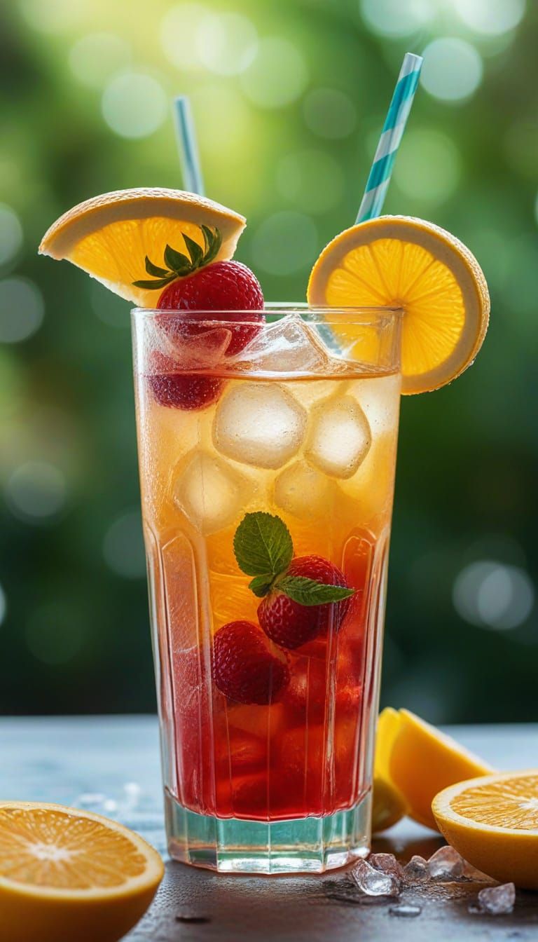 Vibrant Summer Drink with Fruit and Ice in Splash Art Style