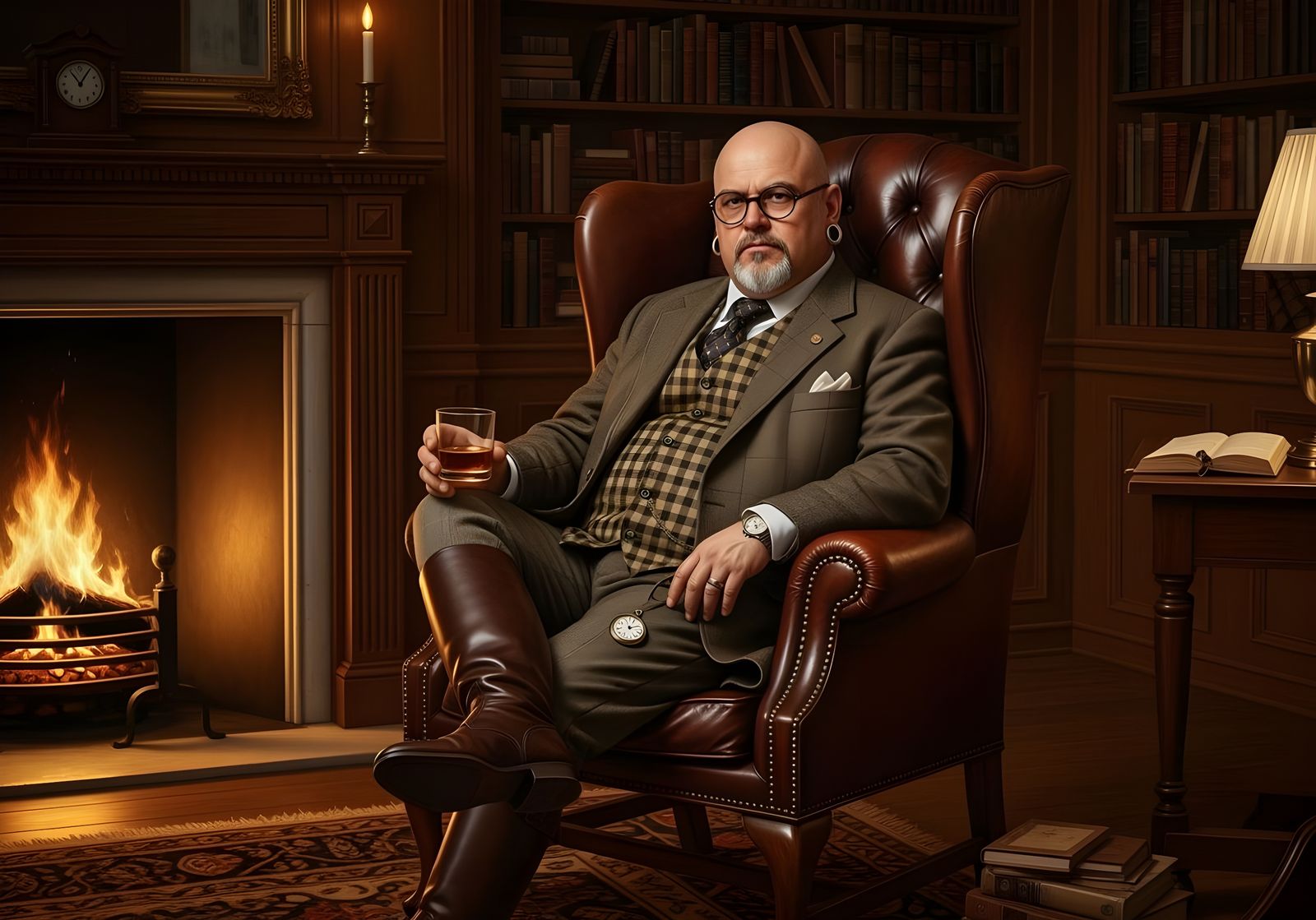 Victorian Gentleman with Whiskey in Cozy Library