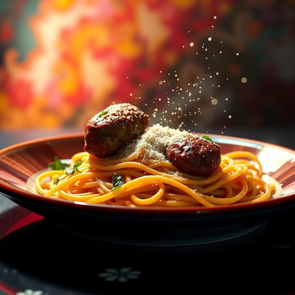 Hyperrealistic Spaghetti with Meatball Splash Art