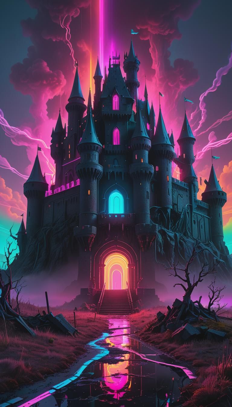 Neon Castle in Psychedelic Post-Apocalyptic Landscape