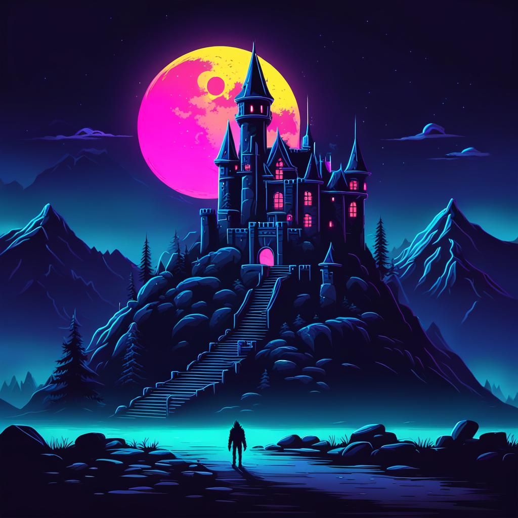 Neon Horror Werewolf Castle Under Moonlight