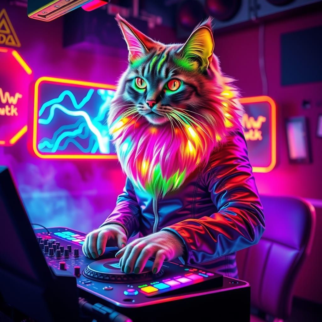 Regal Cat DJ in Retro-Futuristic Synthwave Club