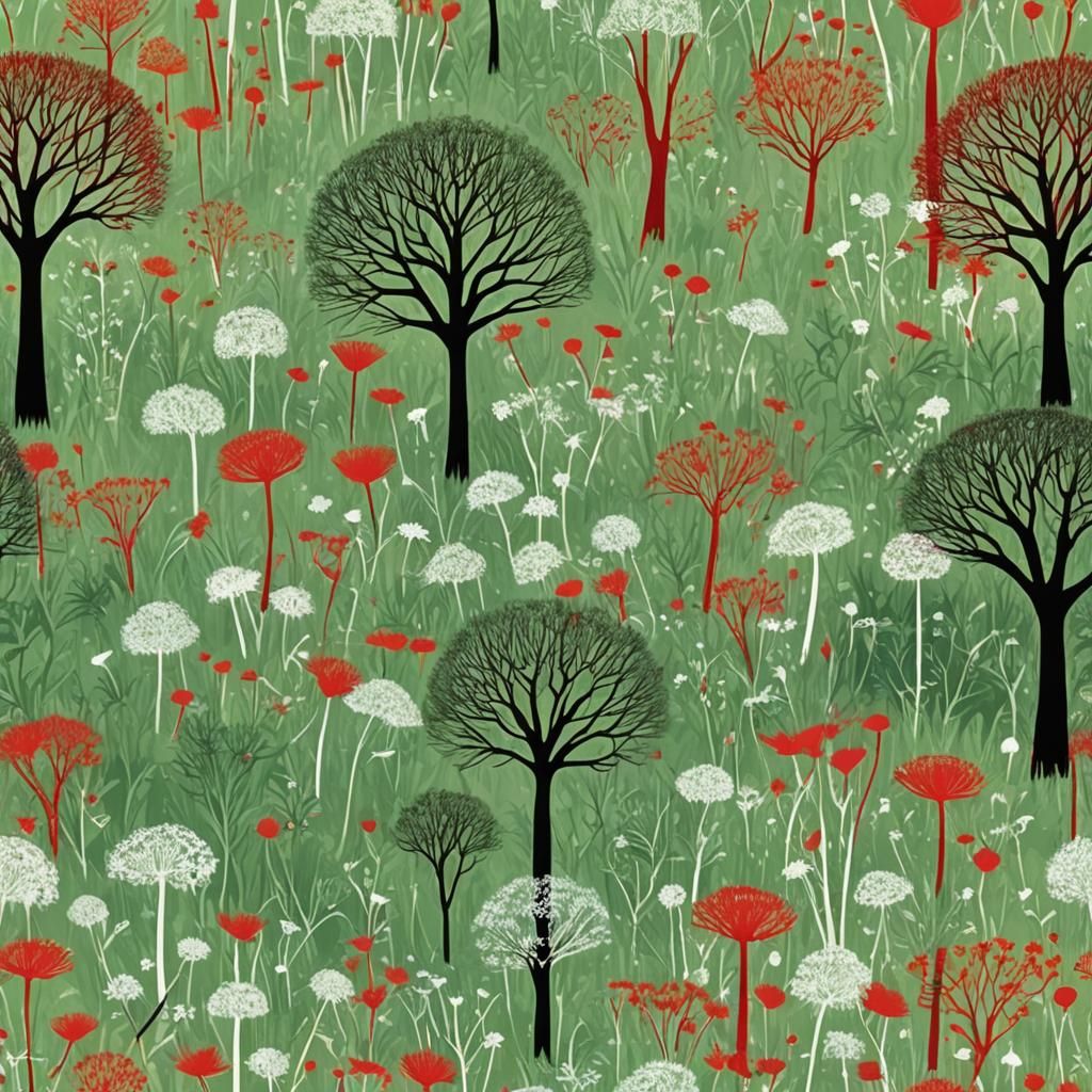 Surreal Childlike Landscape with Red Fairy in Rayograph Styl...