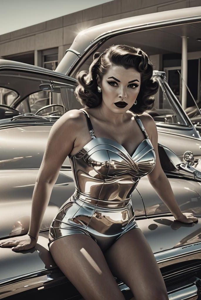 1950s Pin-Up Girl Beside Retro Futuristic Car