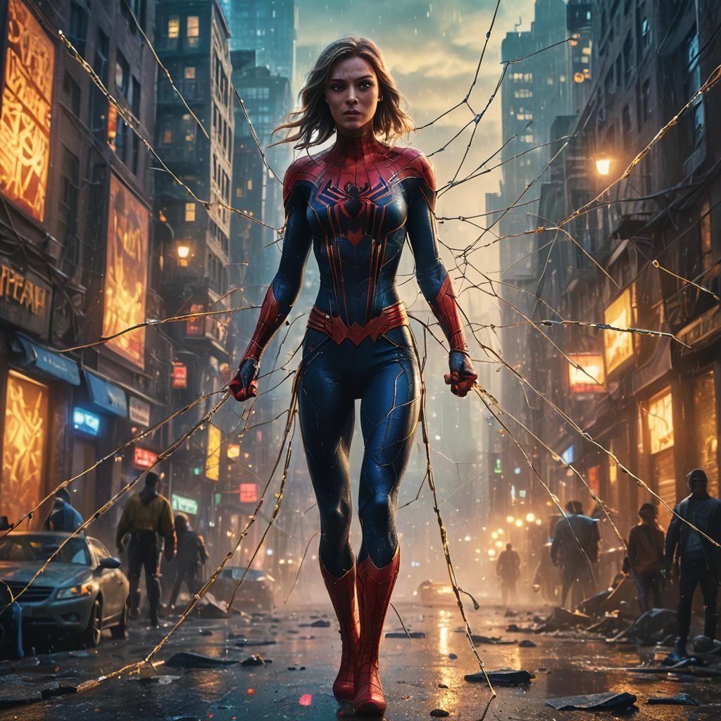 Girl Spiderman Battles Villain in Fantasy City