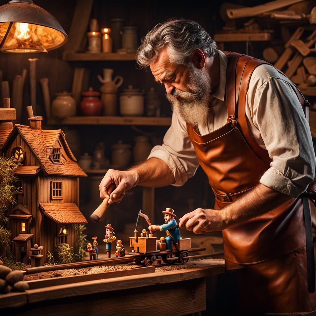Carpenter and Wooden Man Crafting a Toy Train