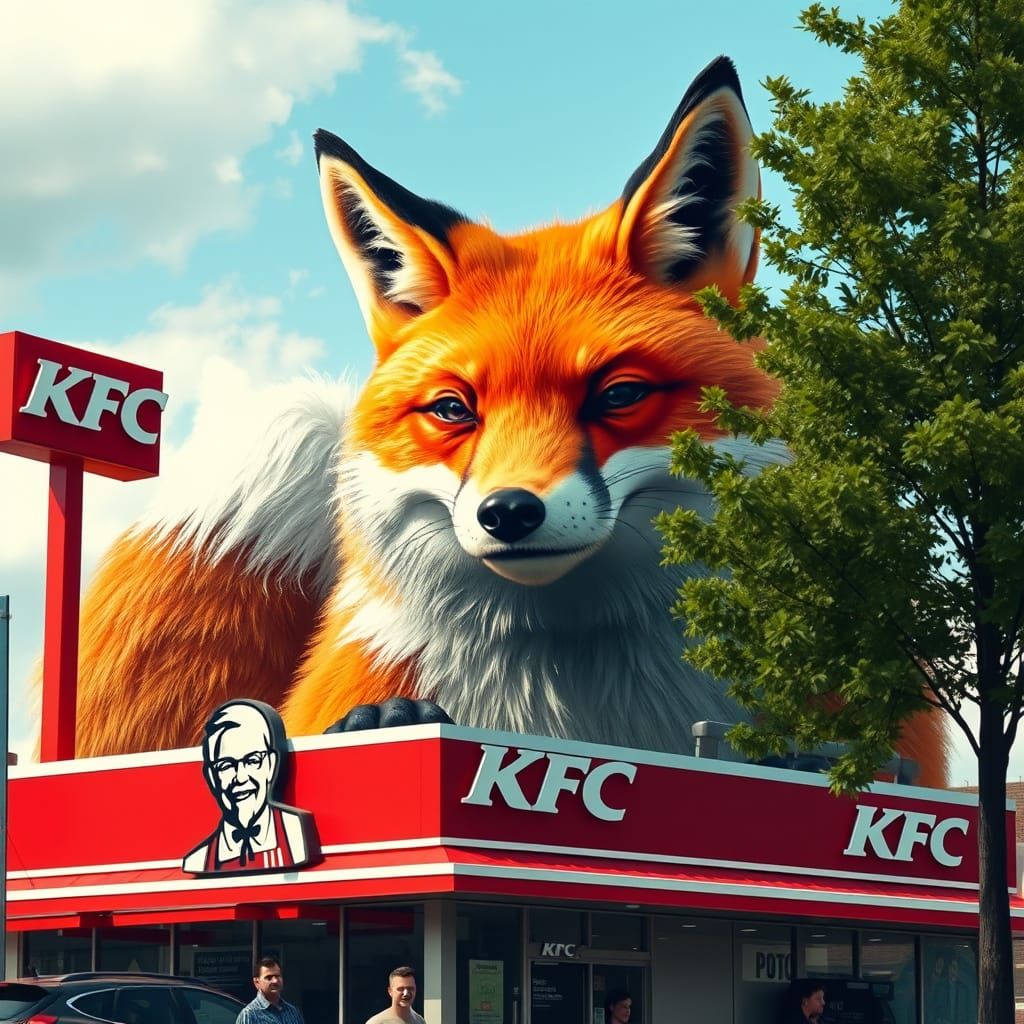 Giant Fox Overlooking KFC Restaurant