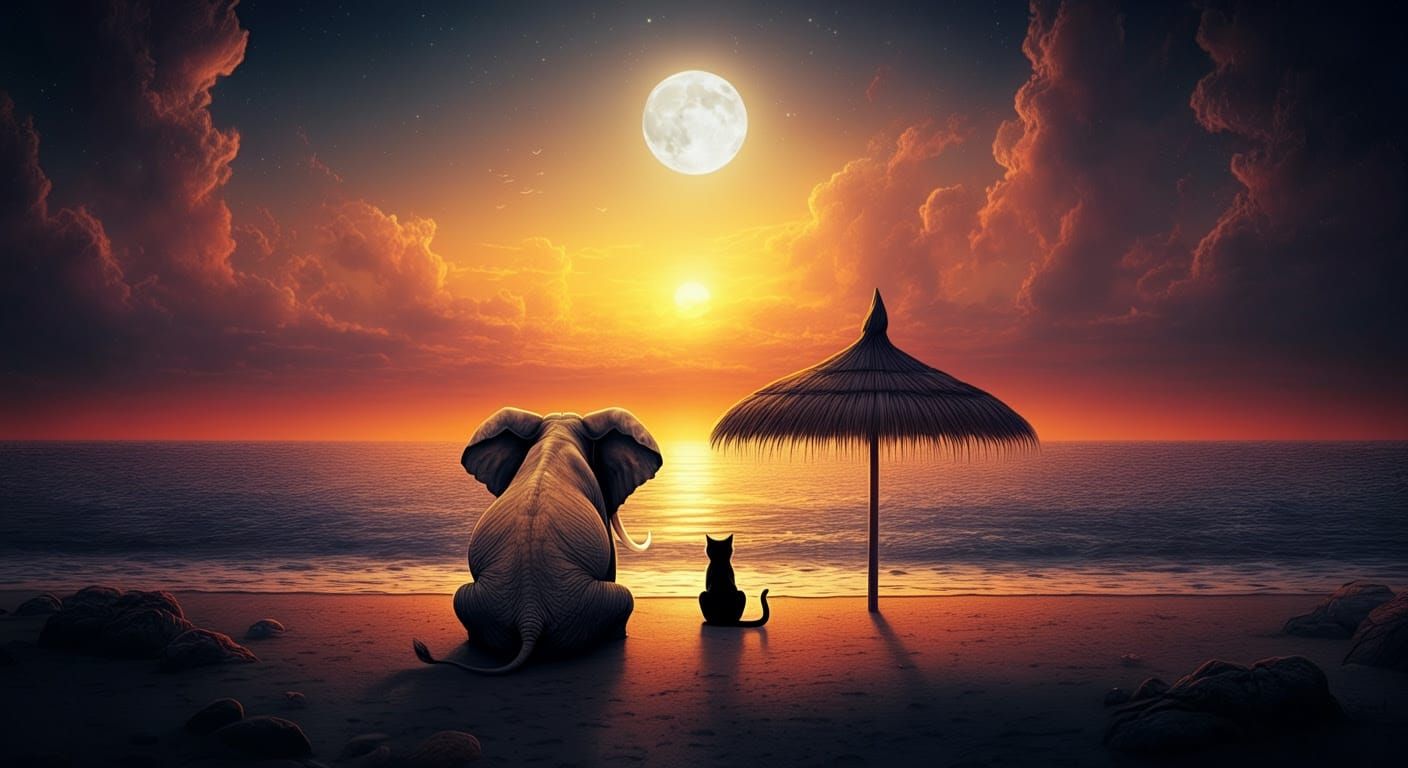 Elephant and Cat Watching Sunset on Beach