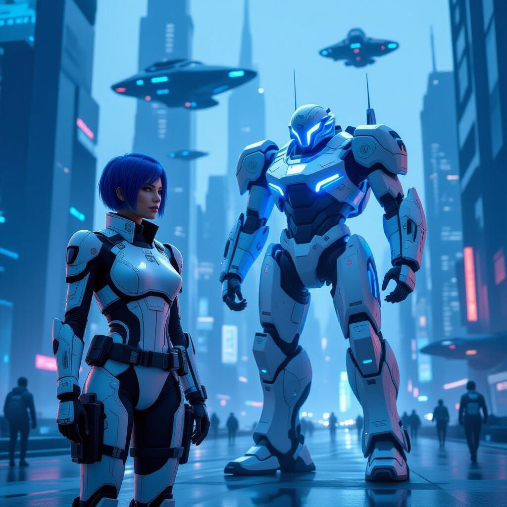 Sci-Fi Commander and Mech in Blue Lit Cityscape