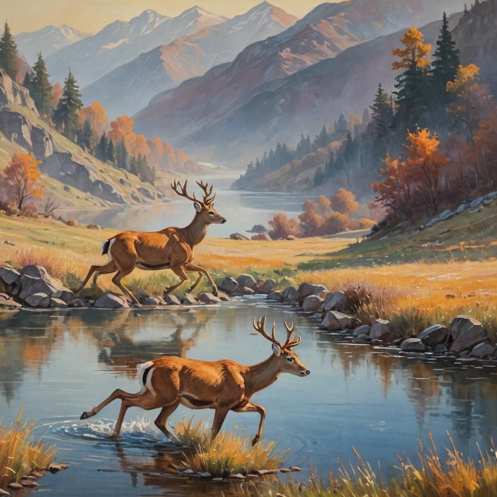 Deer Run in Golden Light: An Impasto Painting
