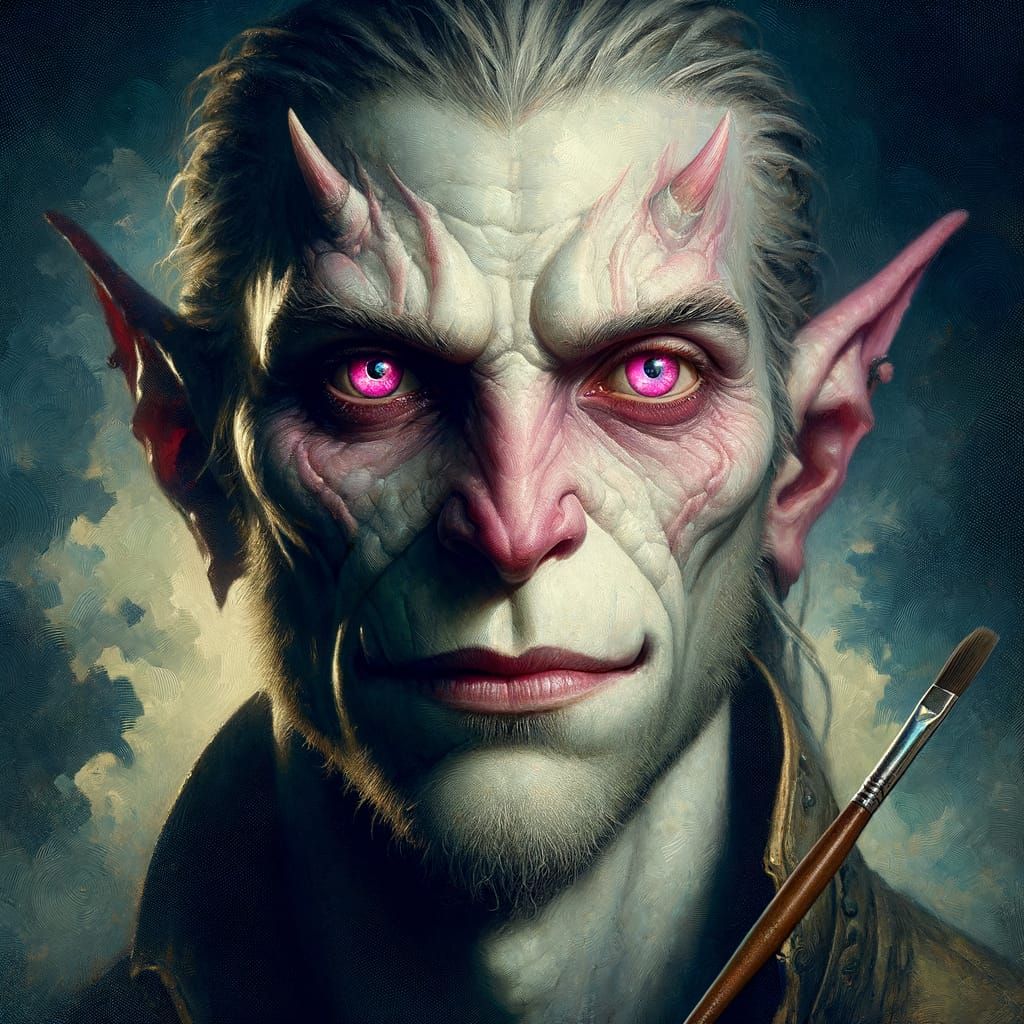 Mysterious Half-Orc Figure with Pink Eyes