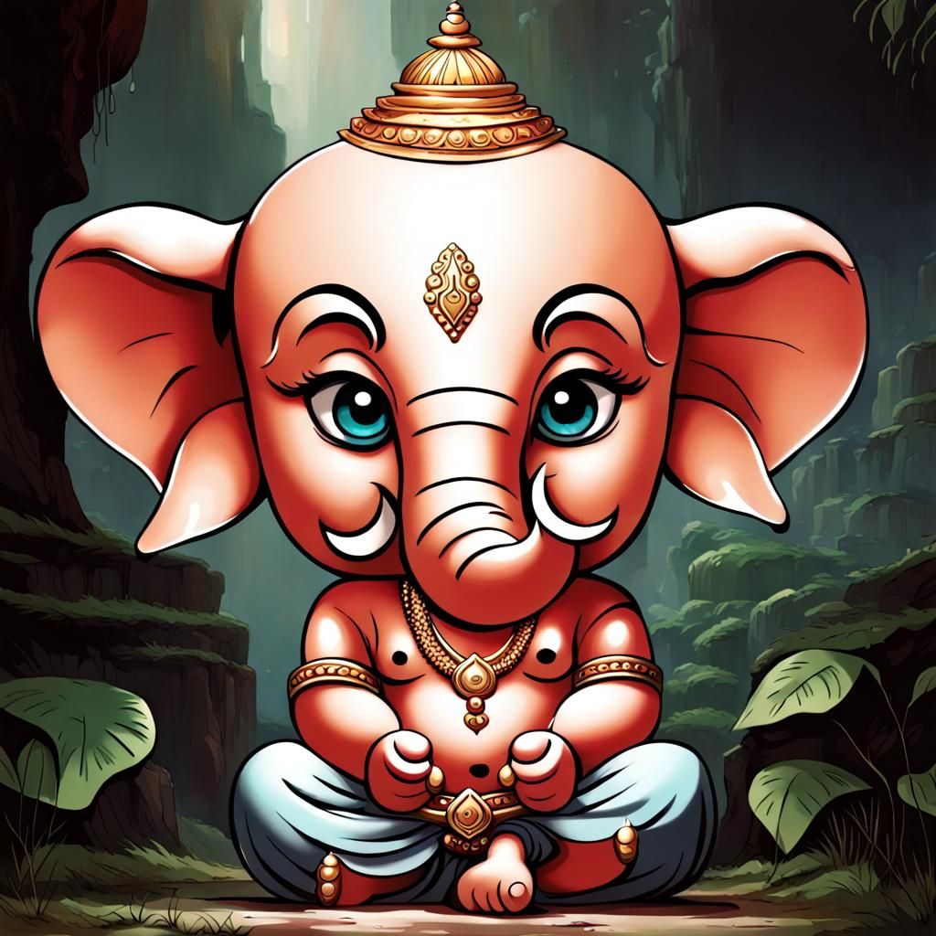 Chibi Ganesh Fighting Demons in Ghibli Style
