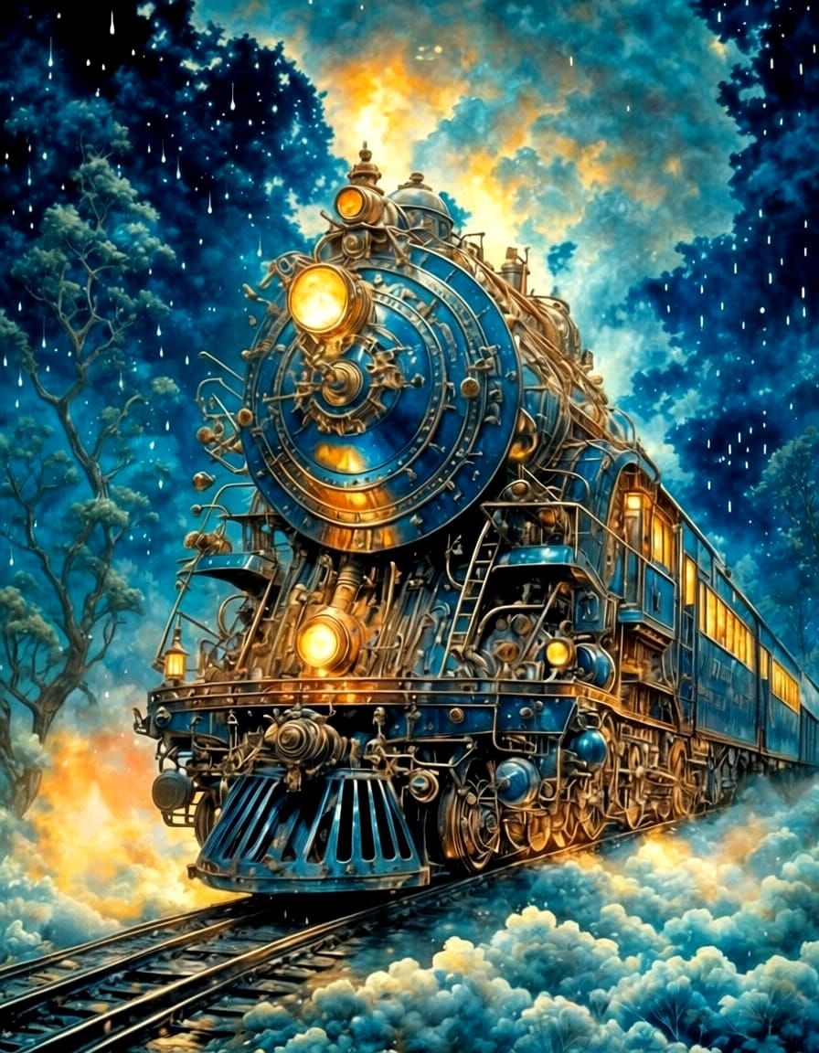 Ominous Watercolor Train in Misty Night Landscape