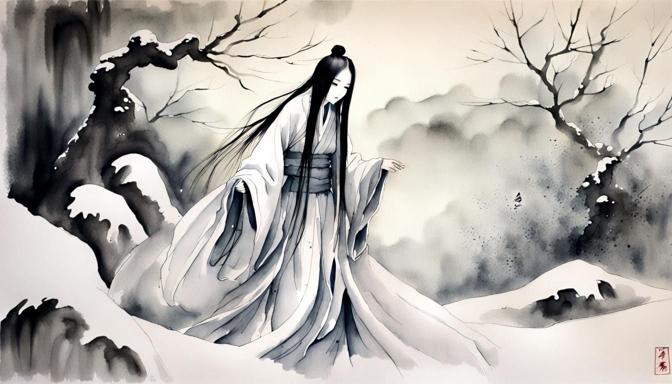 Yuki Onna in Ink Wash Style