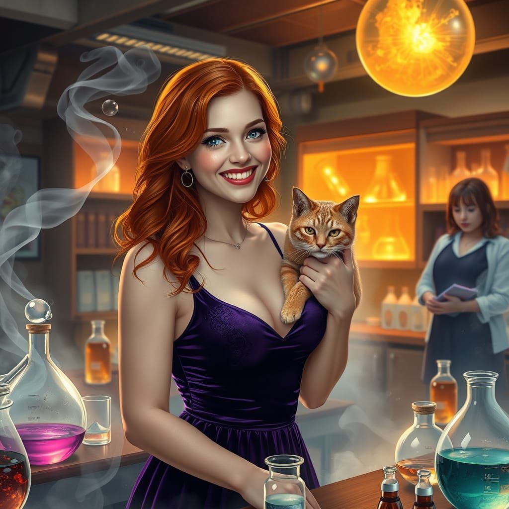 Woman and Cat in Futuristic Chemistry Class