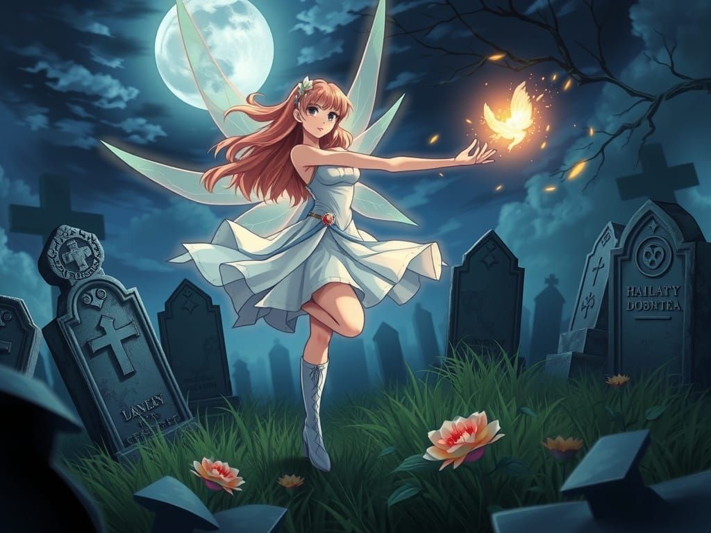 Anime Fairy Woman Invoking Powers in Graveyard