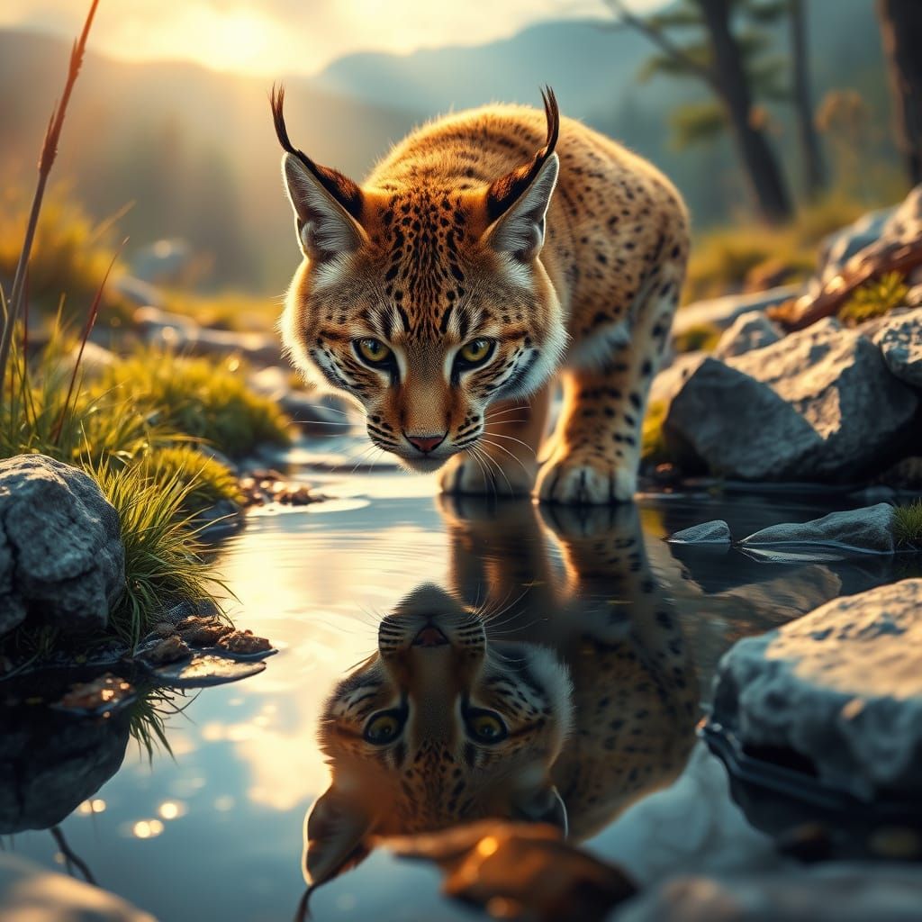Bobcat Reflection: Hyperrealistic Portrait in Appalachian Fo...