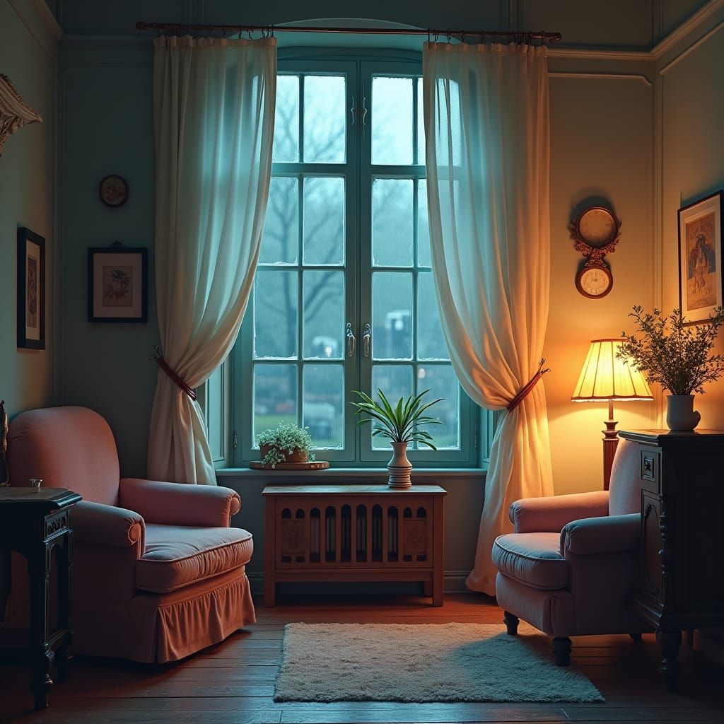 Cozy Room with Rainy Window in Dreamlike Style
