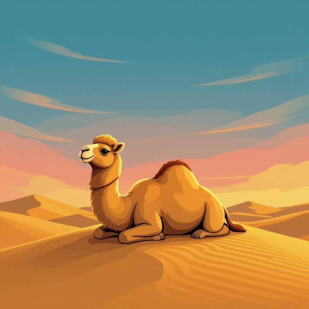 Plush Camel Rests on Desert Dune in Twilight