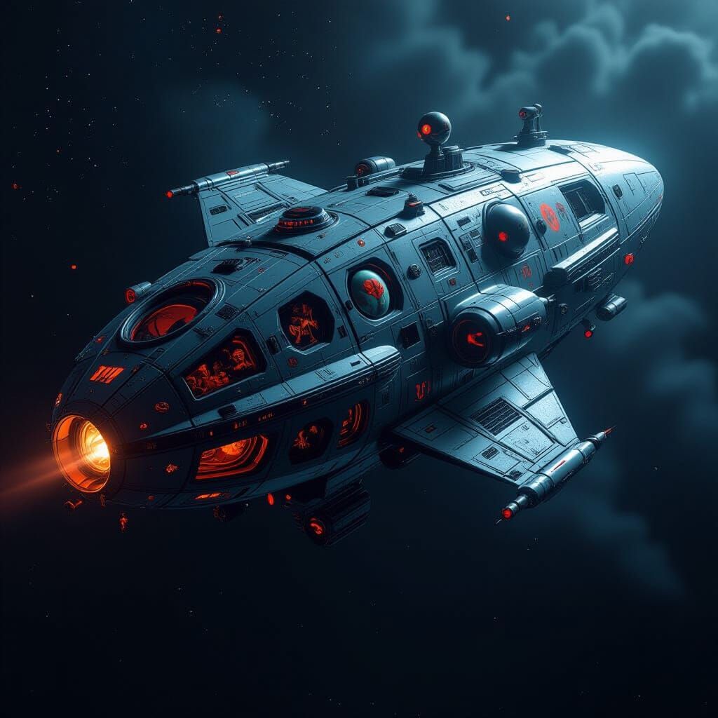 Surreal Alien Spaceship in Orbit, Macabre Illustrative Style