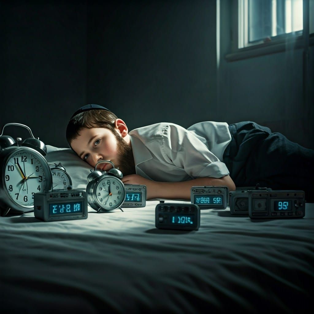 Orthodox Boy Surrounded by Alarms in Morning Light