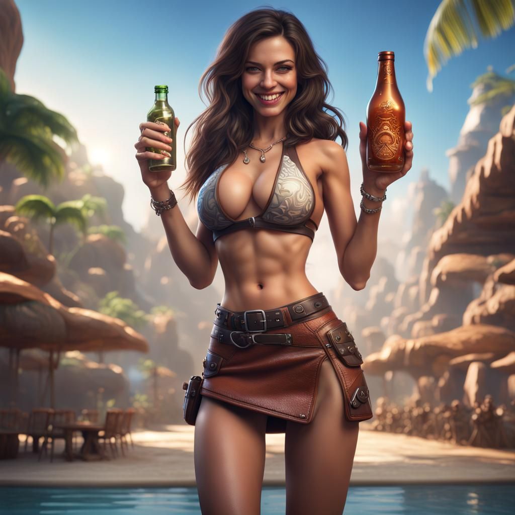 Brunette in Bikini Top with Bottle: Fantasy Concept Art