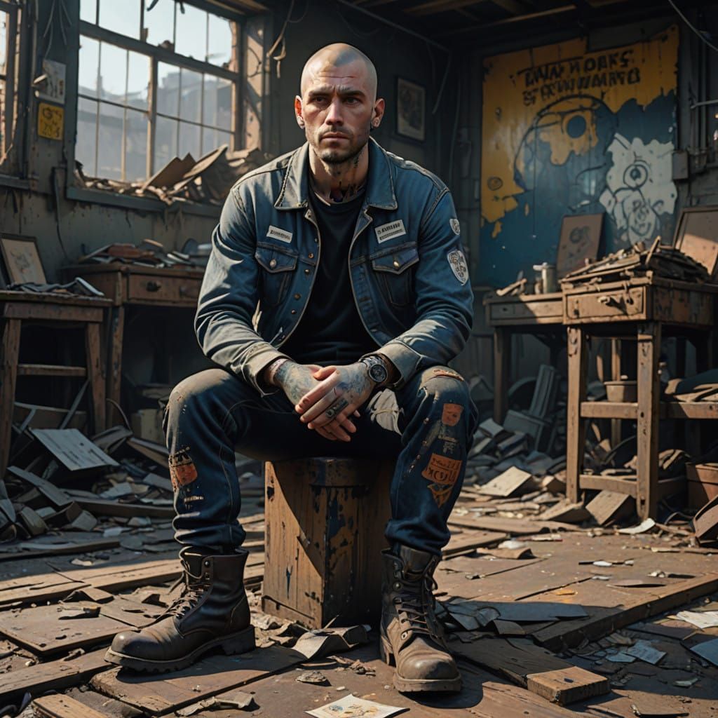 Moody Skinhead Figure in Abandoned Warehouse