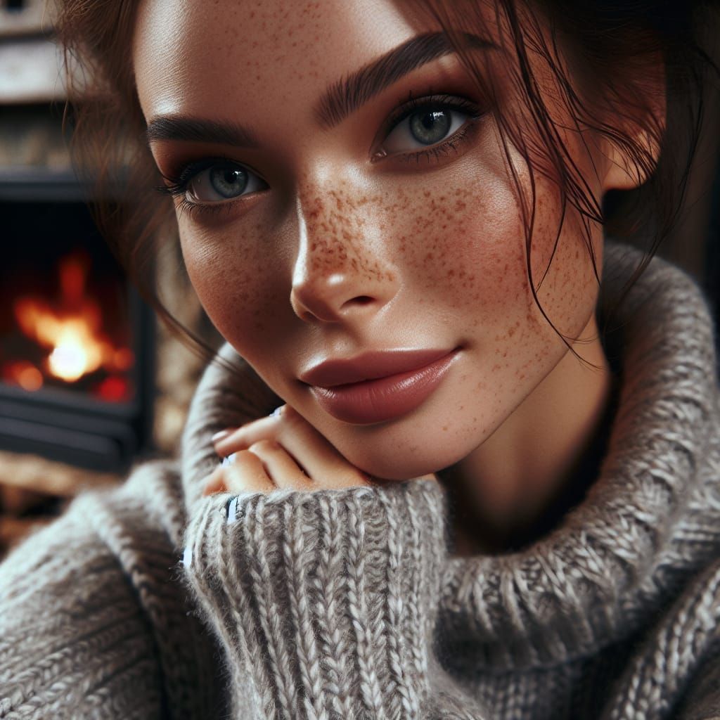 Portrait of Freckled Woman by Fireplace in 8K