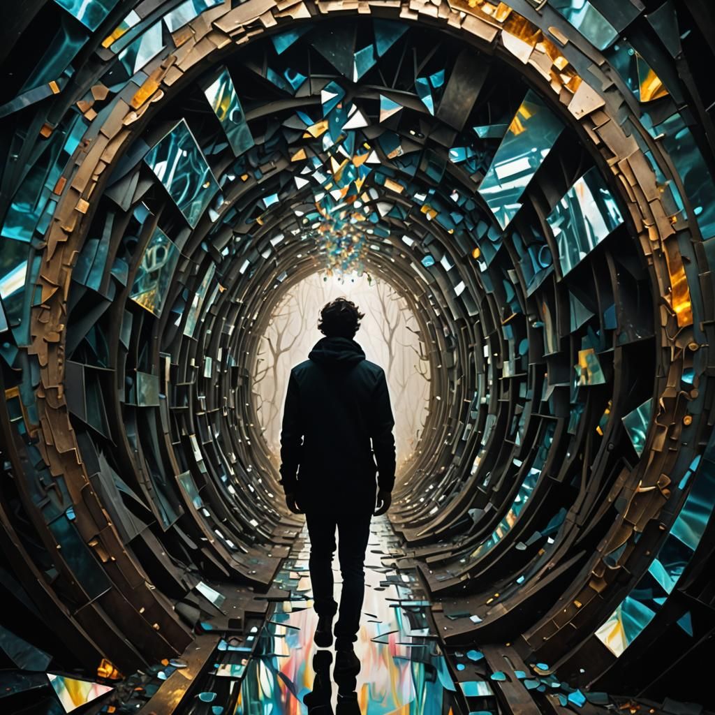 Oblique, diagonal tunnel, double exposure, The memory Kaleidoscope tunnel iridescence is made from broken mirror shards,...