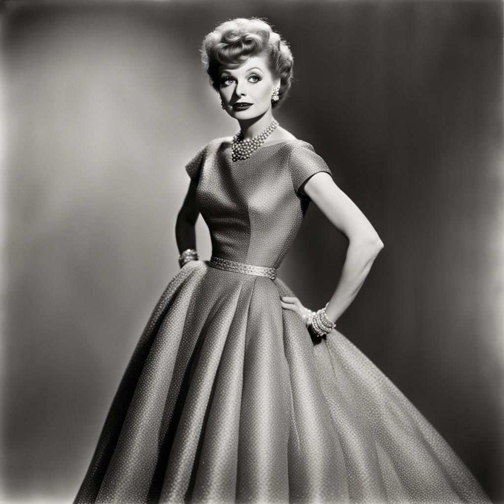professional portrait of Lucille Ball wearing a Christian Dior couture dress