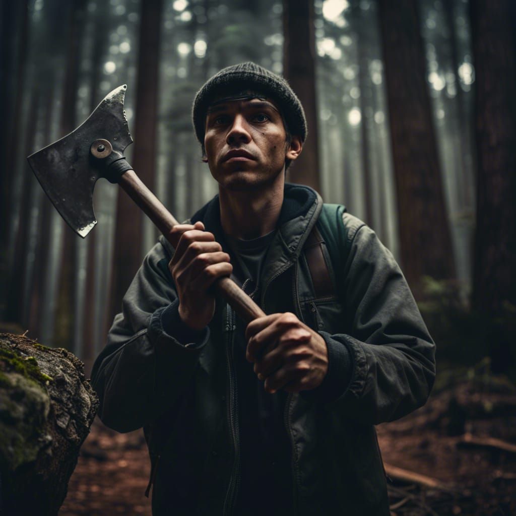 Young Man with Hatchet in Wilderness, Hyperrealistic Image