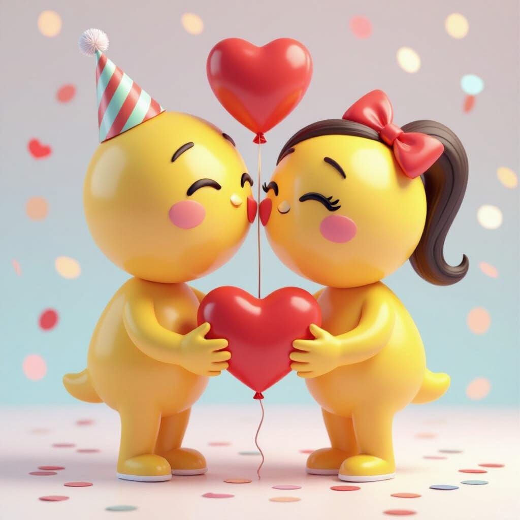 Joyful Emoji Couple Kissing With Heart Balloon