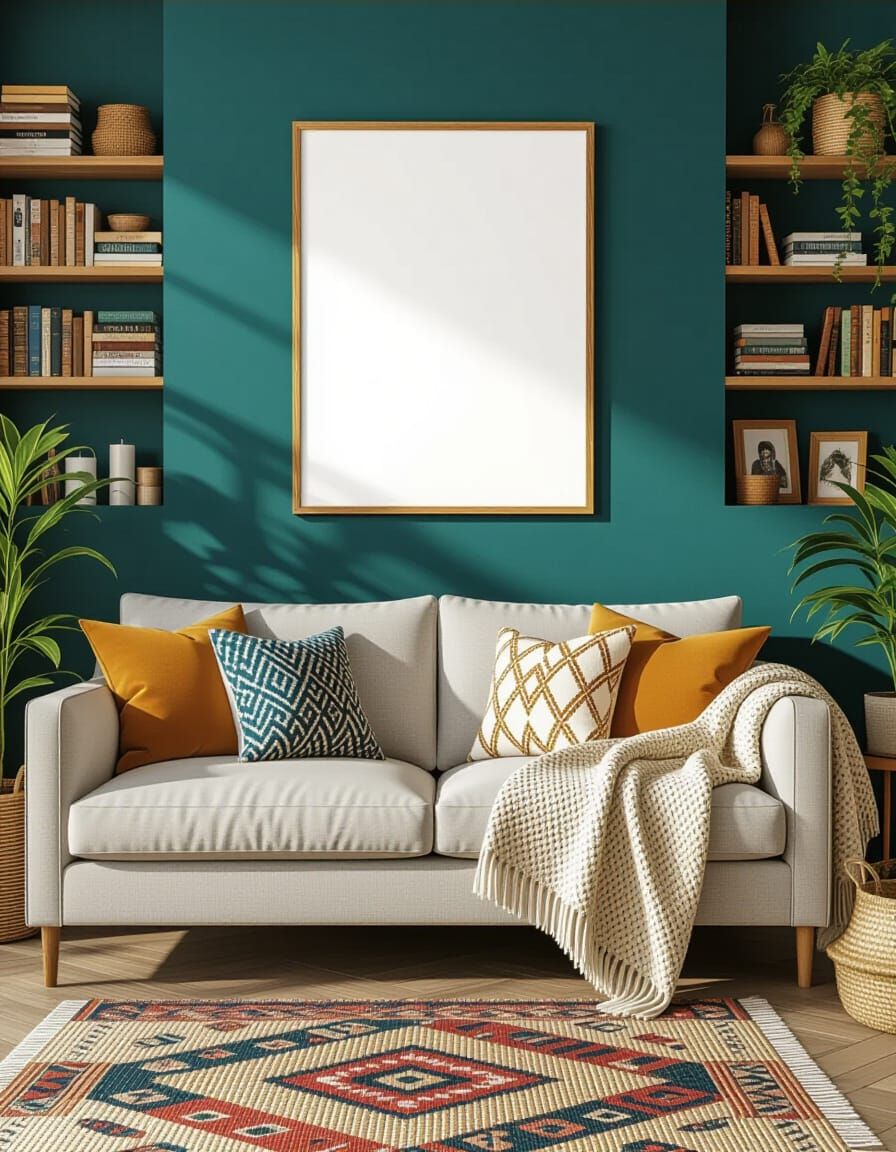 Cozy Eclectic Living Room with Golden Framed Poster