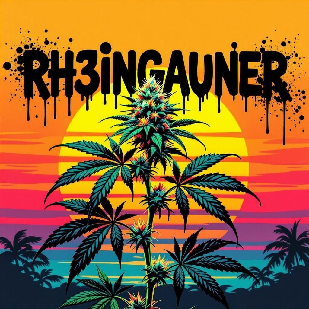 Vibrant Sunset Cannabis Scene in Melted Street Art Style