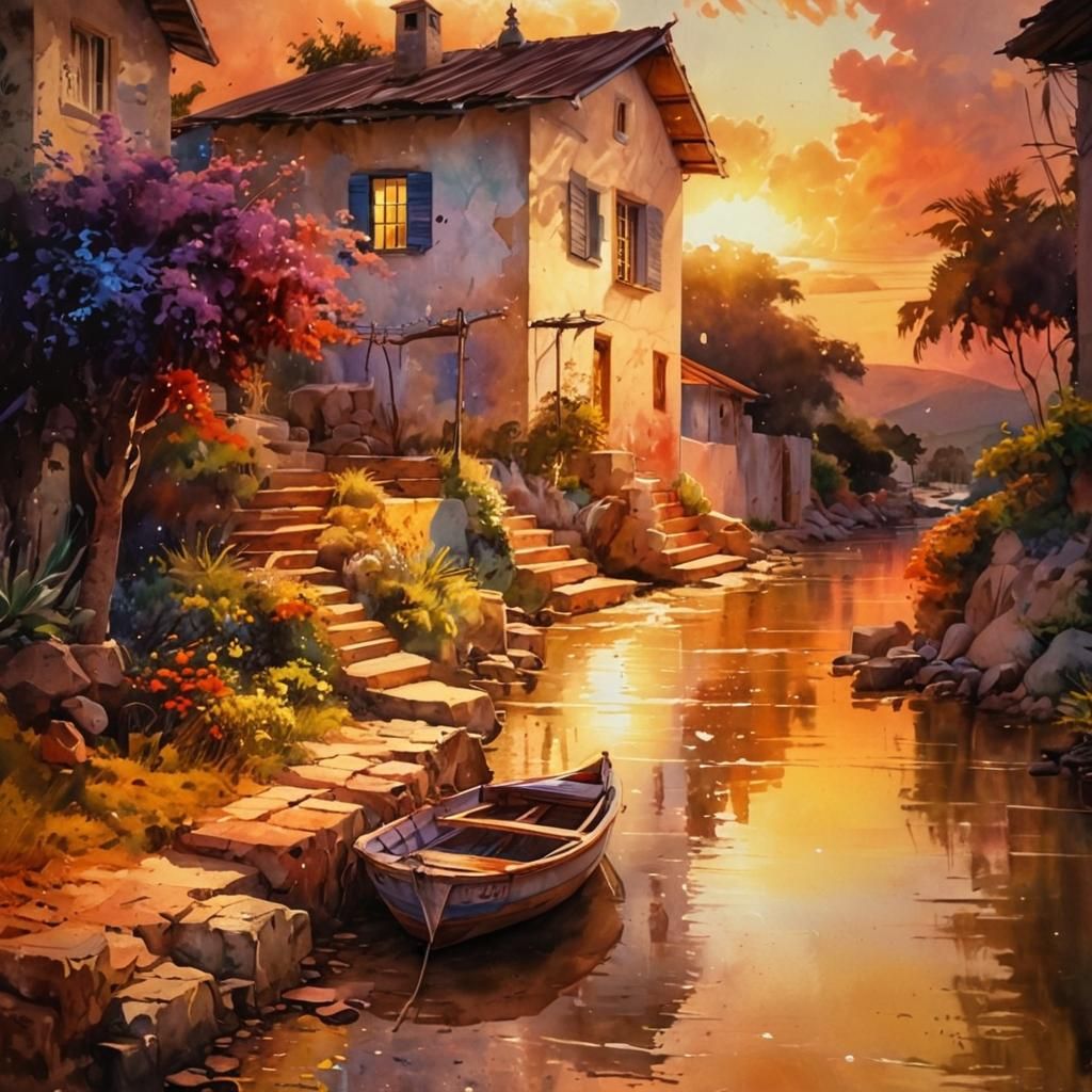 Picturesque Village in San Germán as Watercolor Painting