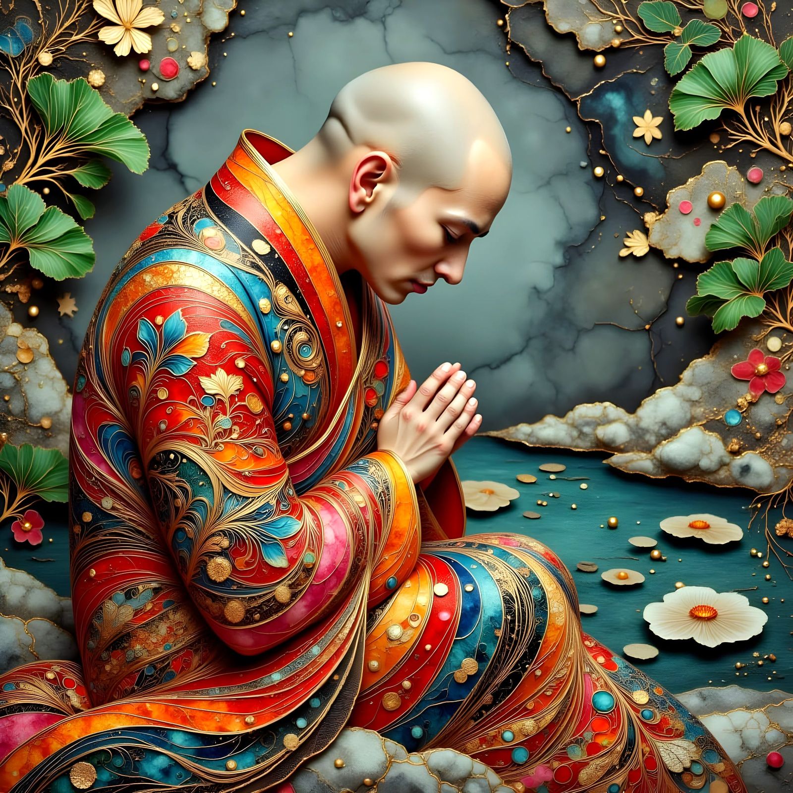 Surreal Oriental Masterpiece Depicts a Serene Bald Monk in P...