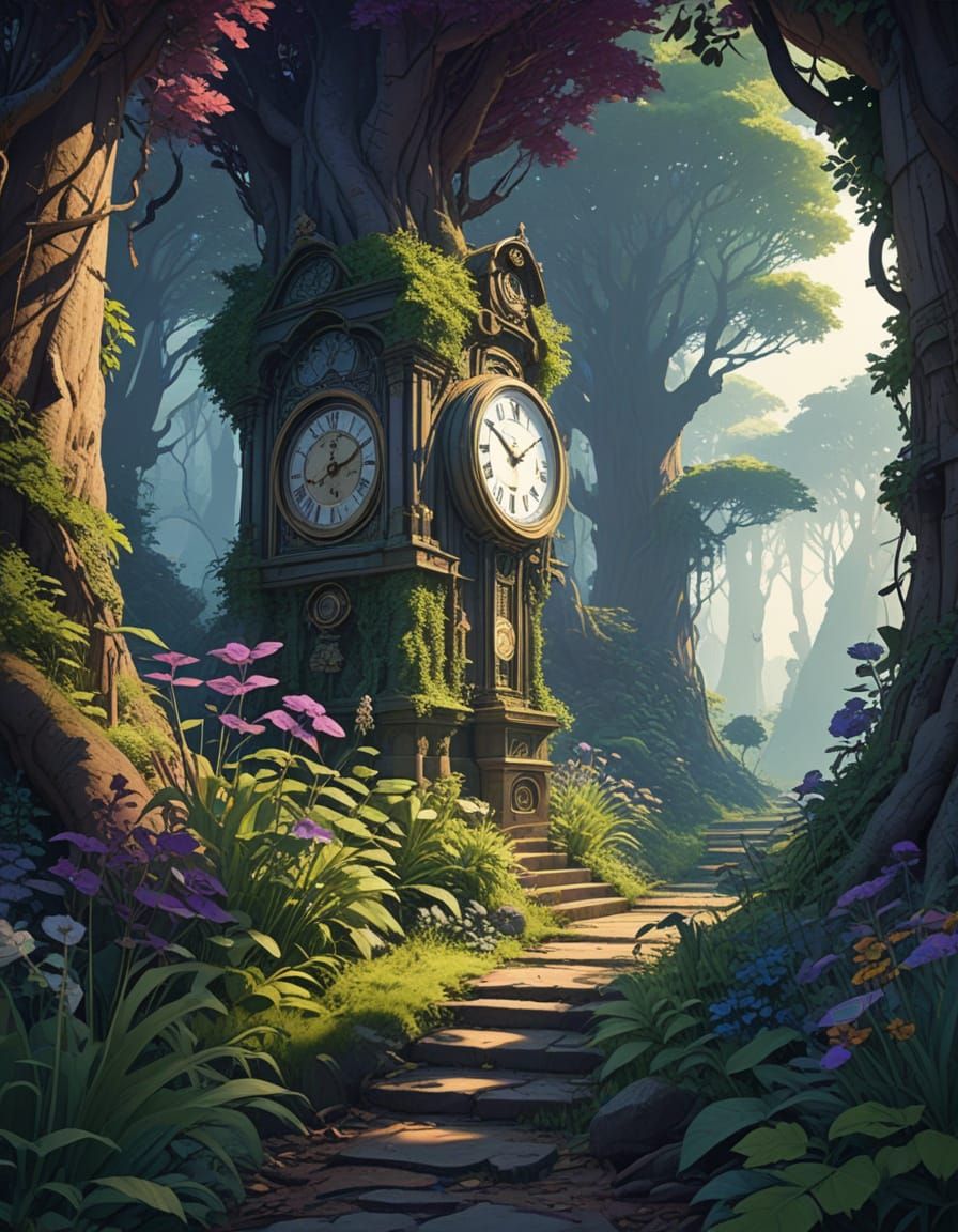 Enchanted Clock Forest Blooms in Whimsical Anime Style