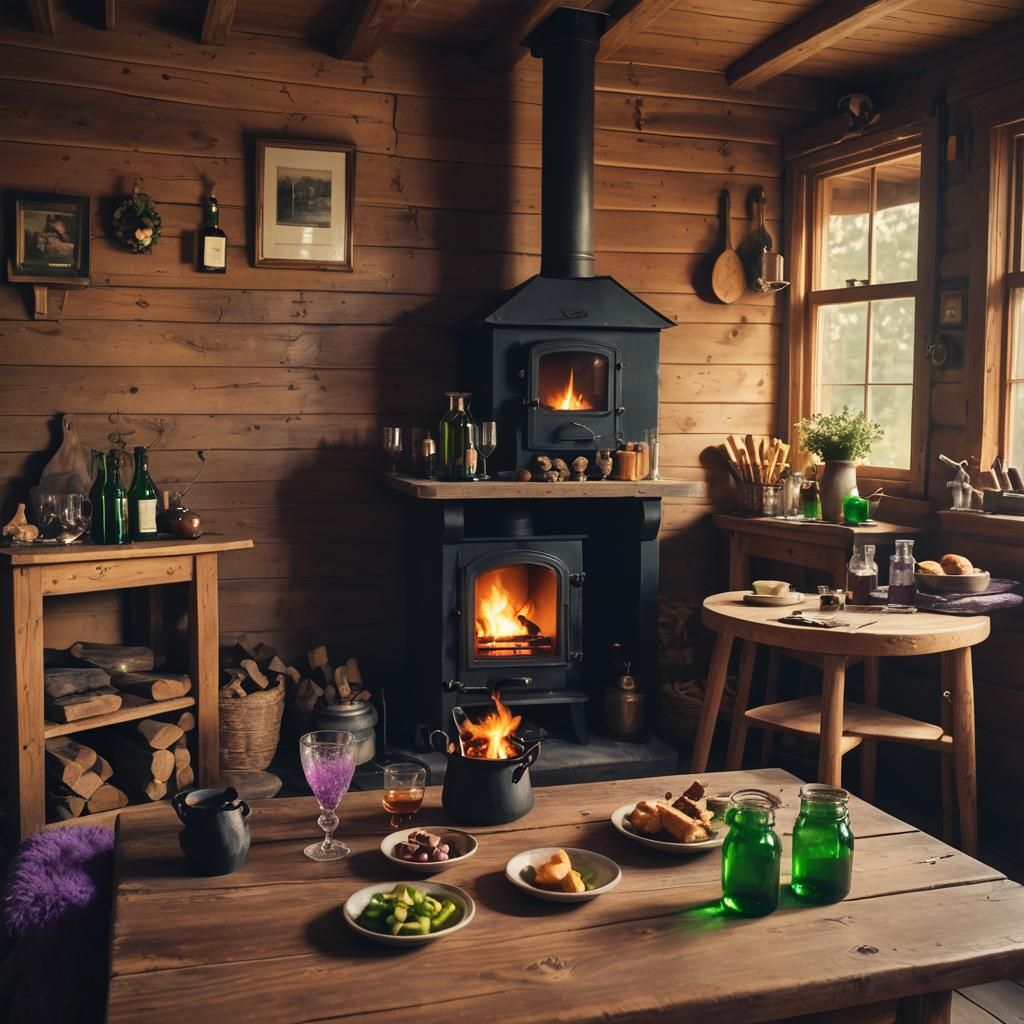 Cozy Cabin with Goat in Cinematic Lighting