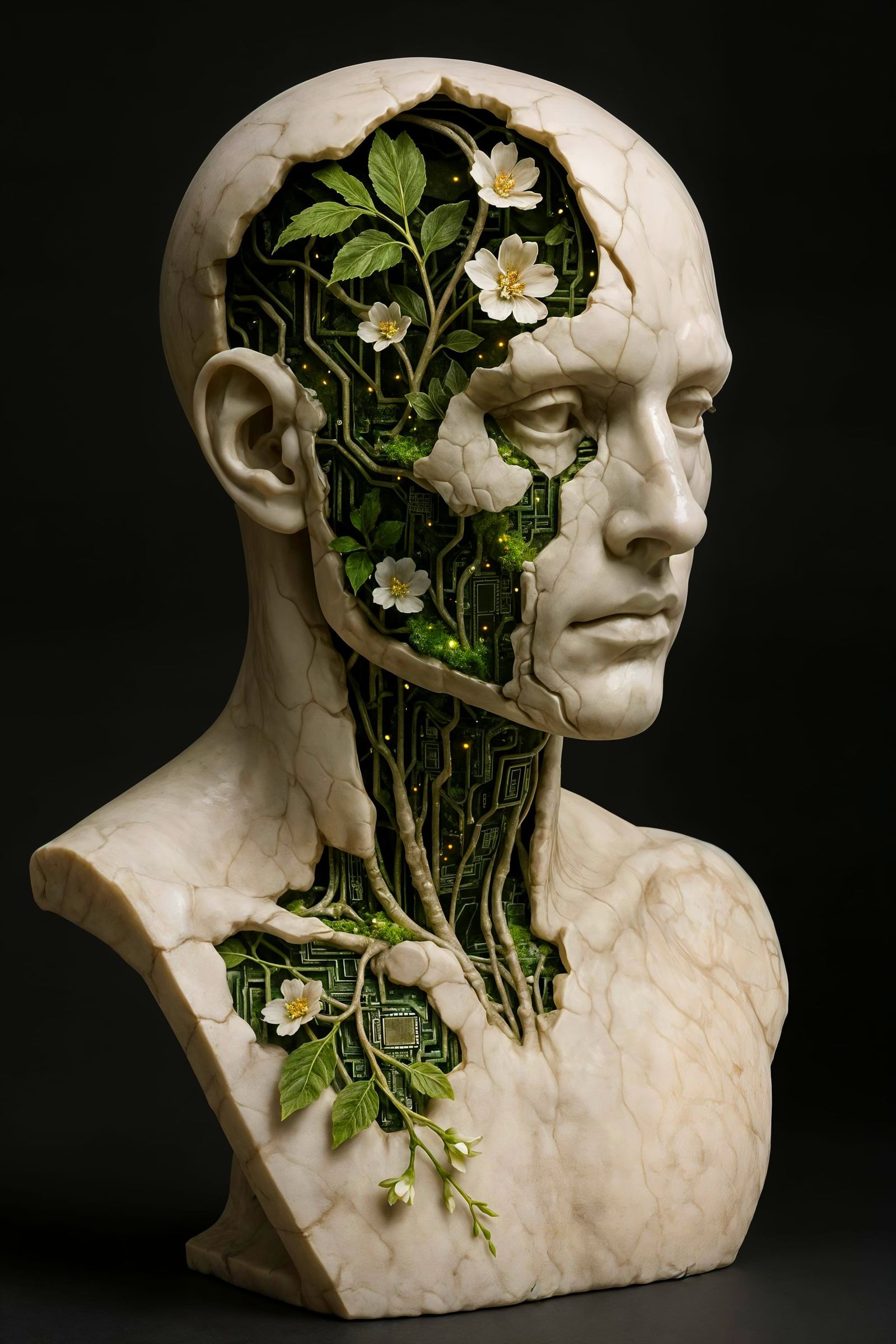 Biopunk Marble Bust with Organic Electronic Interior