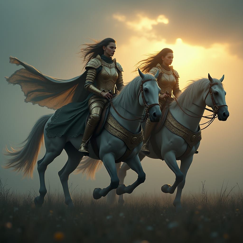 Regal Equestriennes Ride Majestic Horses in Stormy Fantasy L...