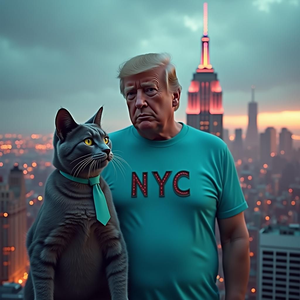 Donald Trump and Cat in Futuristic NYC Skyline