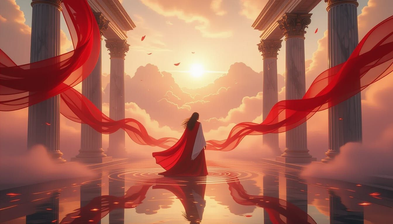 Crimson Mist in Ethereal Realm: Dreamlike Celestial Fantasy