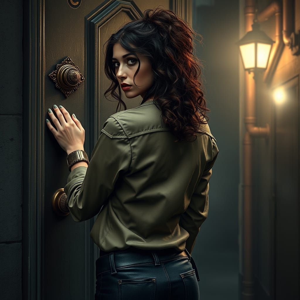 Steampunk Woman in Distress, Doorhandle in Hand, Alleyway at...