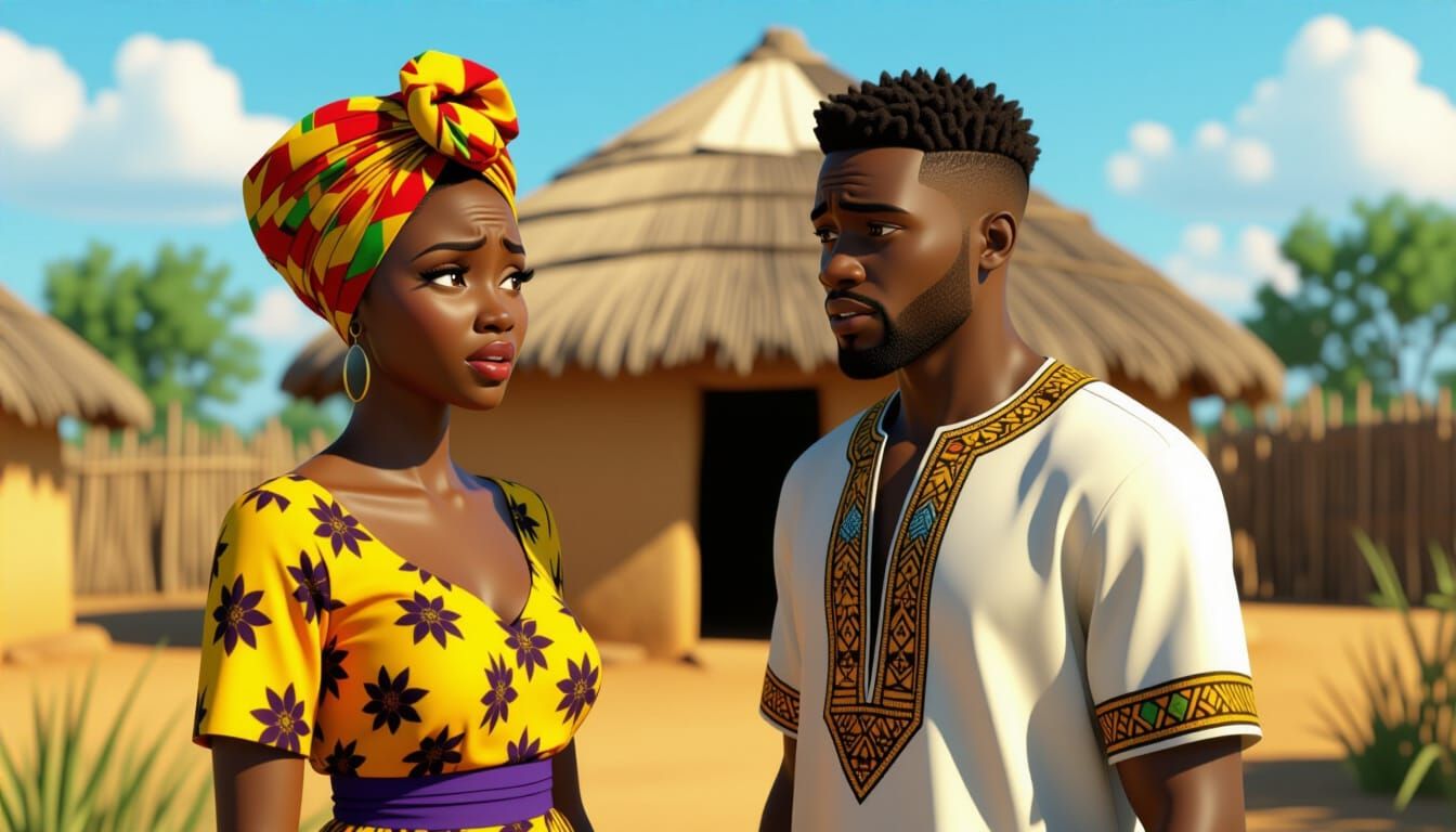 African Couple in Ankara Outfits Outside Hut